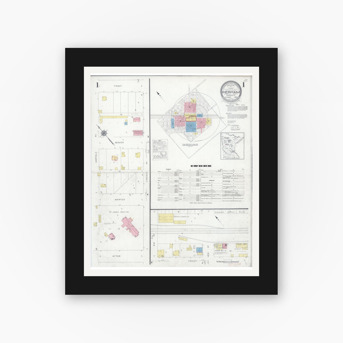 Old map wall art mockup — black gallery frame with white mat — Sanborn Fire Insurance Map from Perham, Otter Tail County, Minnesota (1929) - Complete Map Set