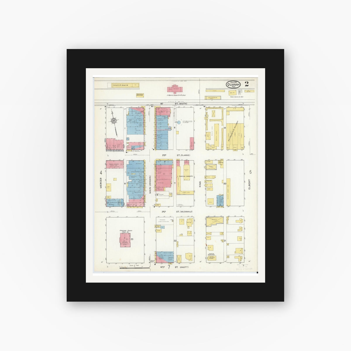 Old map wall art mockup — black gallery frame with white mat — Sanborn Fire Insurance Map from Quanah, Hardeman County, Texas (1915), Sheet #0002