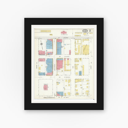 Old map wall art mockup — black gallery frame with white mat — Sanborn Fire Insurance Map from Quanah, Hardeman County, Texas (1915), Sheet #0002