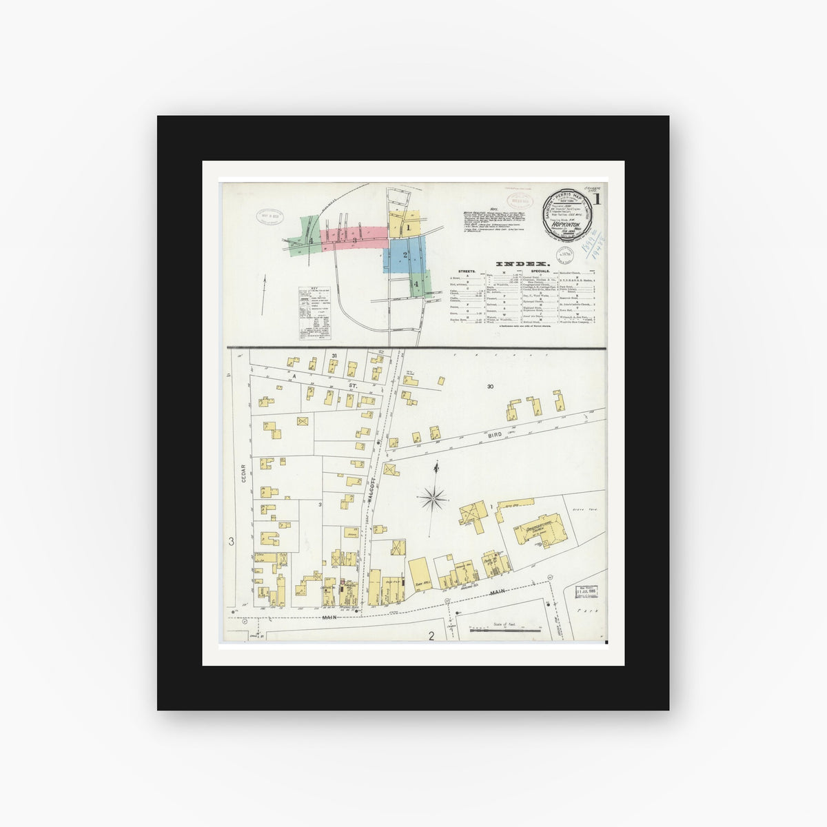 Old map wall art mockup — black gallery frame with white mat — Sanborn Fire Insurance Map from Hopkinton, Middlesex County, Massachusetts (1899), Sheet #0001