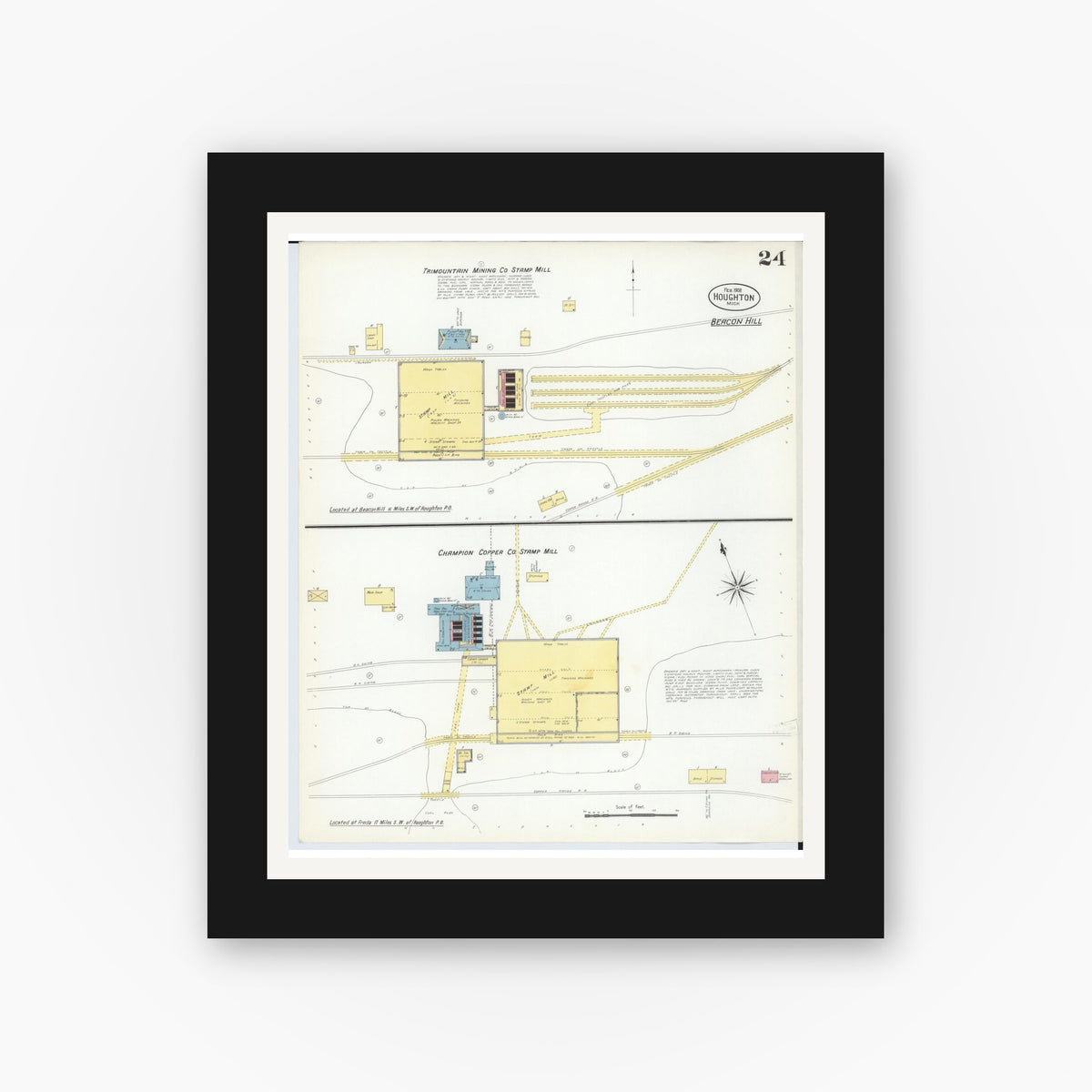 Old map wall art mockup — black gallery frame with white mat — Sanborn Fire Insurance Map from Houghton, Houghton County, Michigan (1908), Sheet #0024