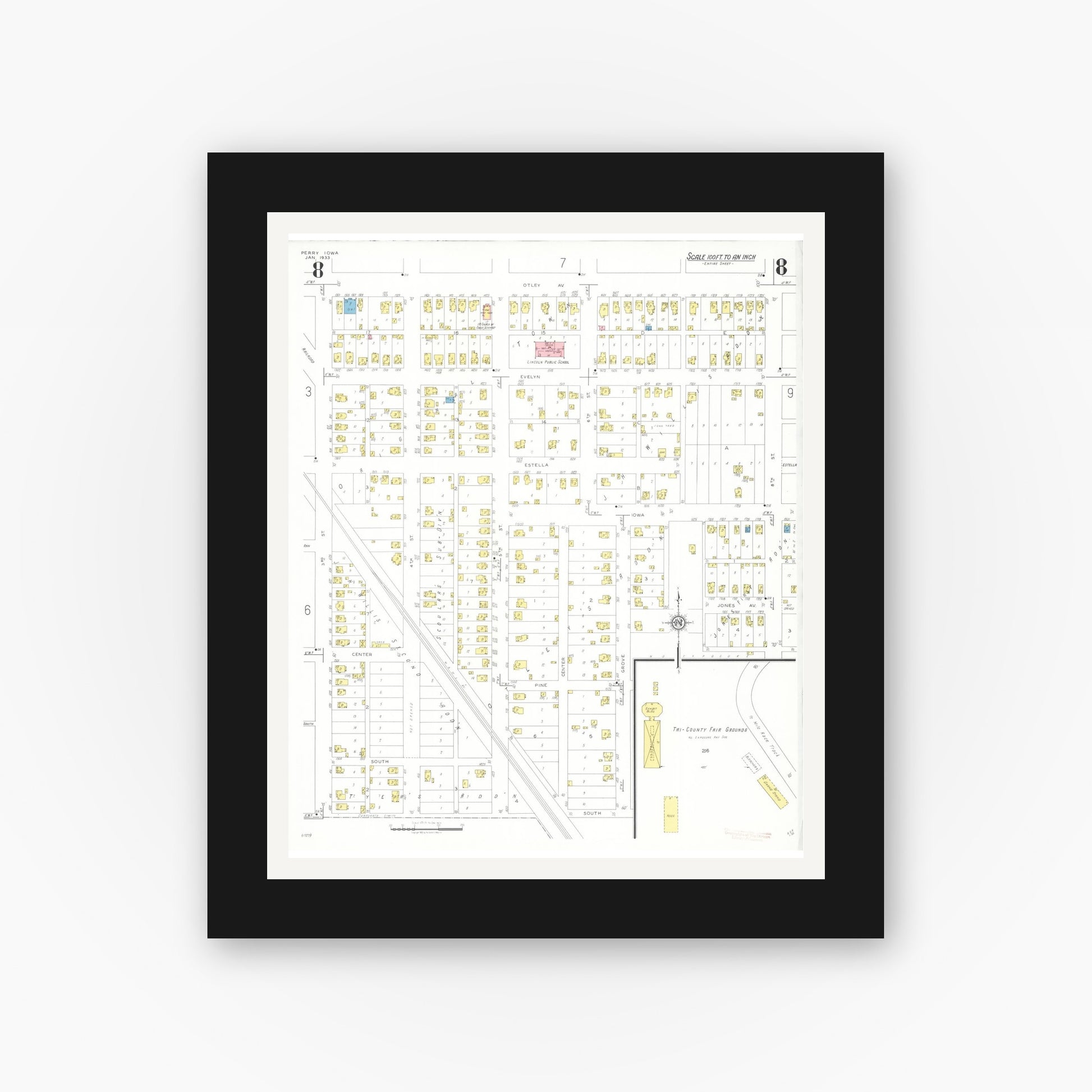Old map wall art mockup — black gallery frame with white mat — Sanborn Fire Insurance Map from Perry, Dallas County, Iowa (1933), Sheet #0008
