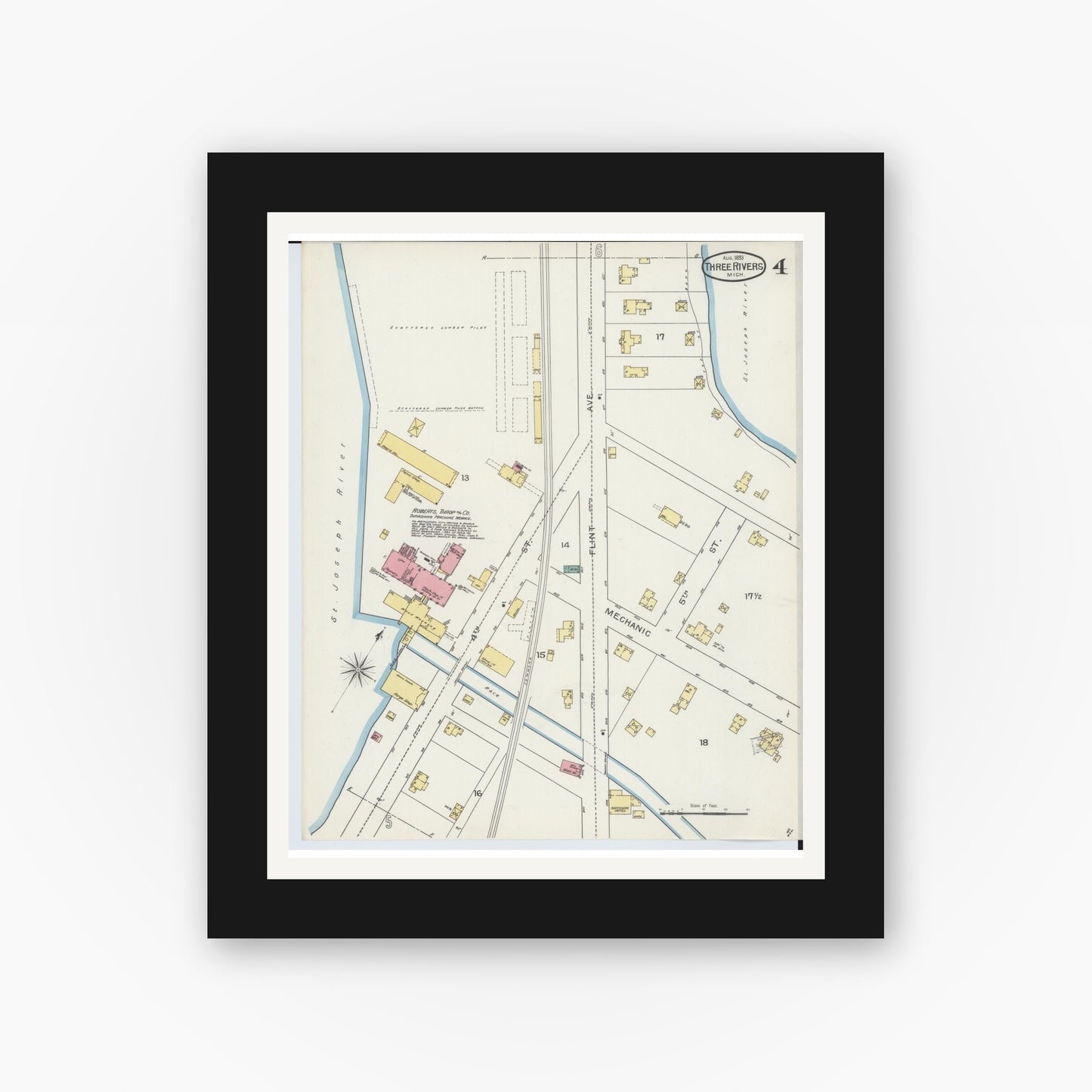 Old map wall art mockup — black gallery frame with white mat — Sanborn Fire Insurance Map from Three Rivers, Saint Joseph County, Michigan (1893), Sheet #0004