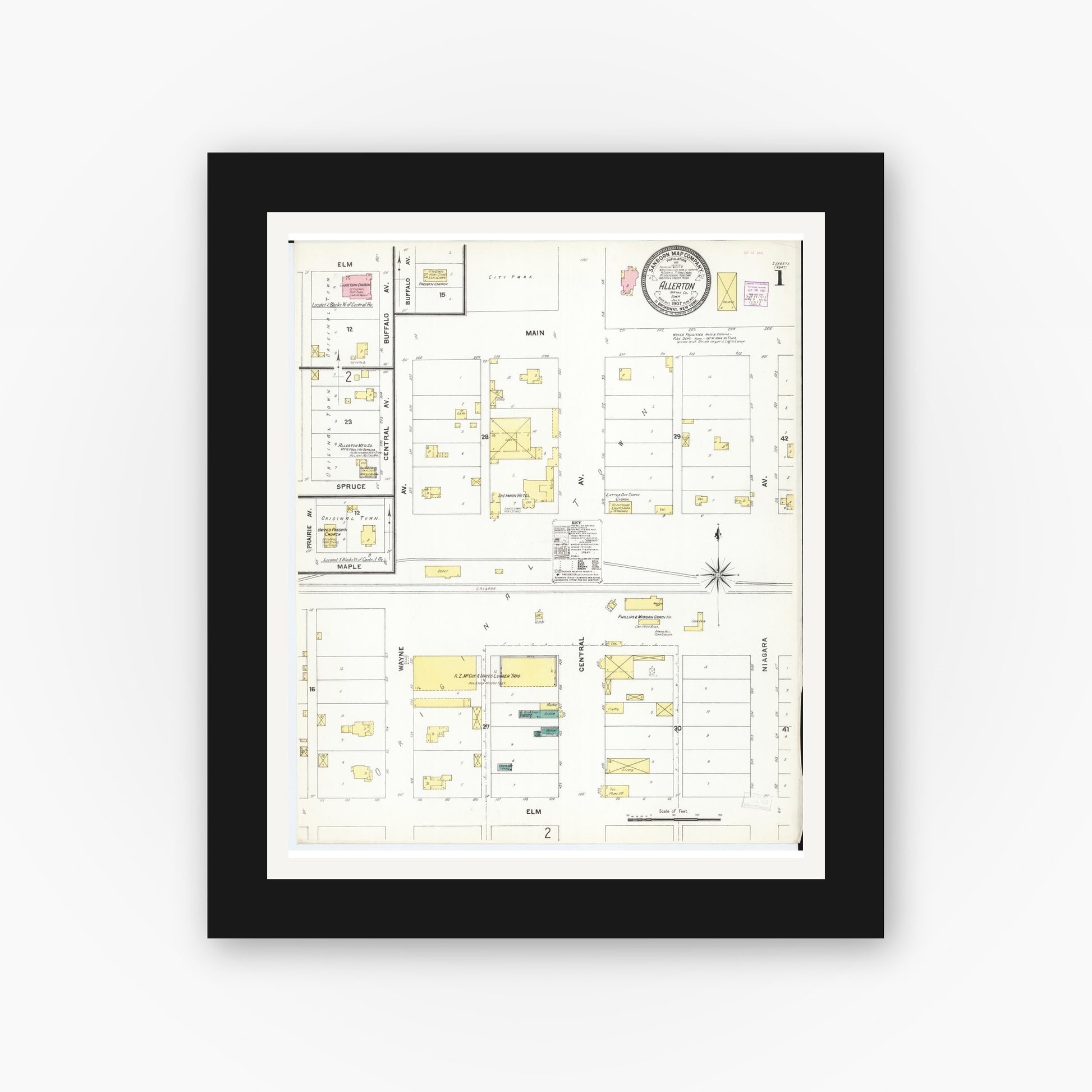 Old map wall art mockup — black gallery frame with white mat — Sanborn Fire Insurance Map from Allerton, Wayne County, Iowa (1907), Sheet #0001