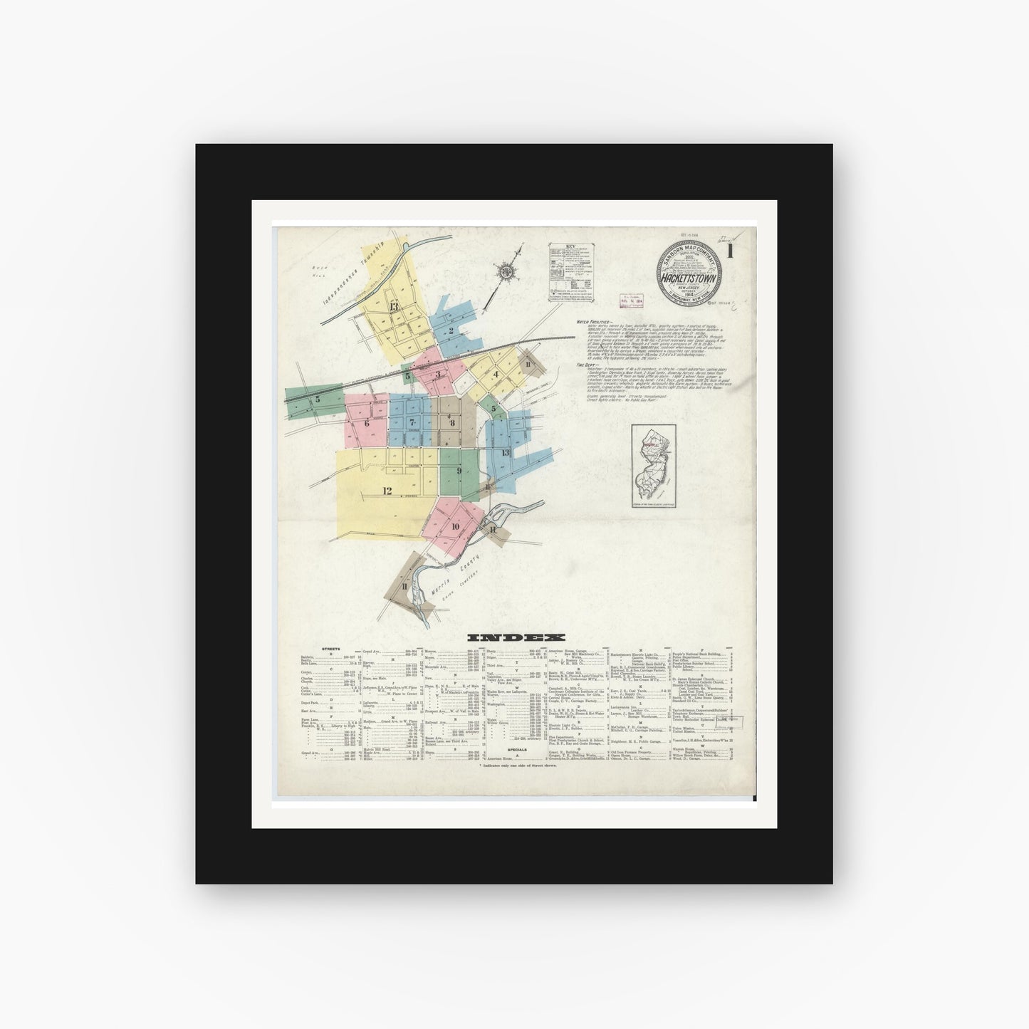 Old map wall art mockup — black gallery frame with white mat — Sanborn Fire Insurance Map from Hackettstown, Warren County, New Jersey (1914) - Complete Map Set
