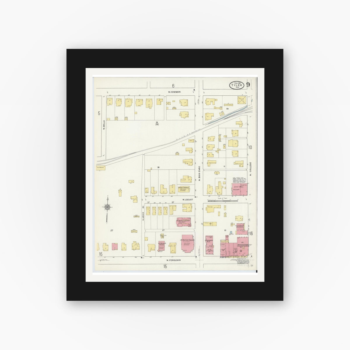 Old map wall art mockup — black gallery frame with white mat — Sanborn Fire Insurance Map from Tyler, Smith County, Texas (1912), Sheet #0009