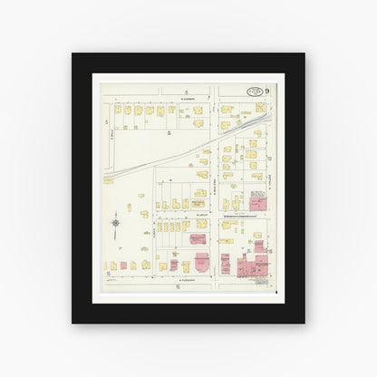 Old map wall art mockup — black gallery frame with white mat — Sanborn Fire Insurance Map from Tyler, Smith County, Texas (1912), Sheet #0009