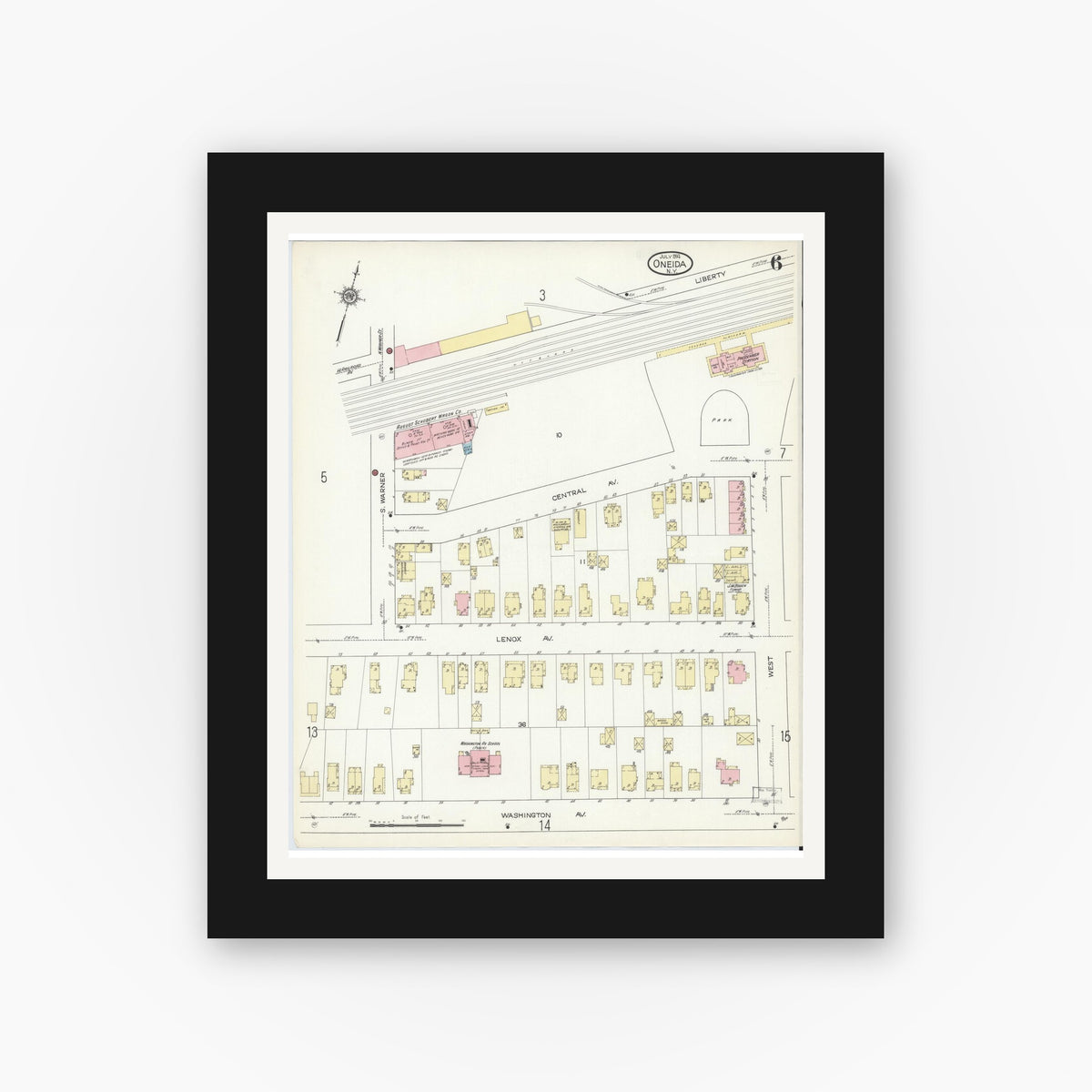 Old map wall art mockup — black gallery frame with white mat — Sanborn Fire Insurance Map from Oneida, Madison County, New York (1914), Sheet #0006