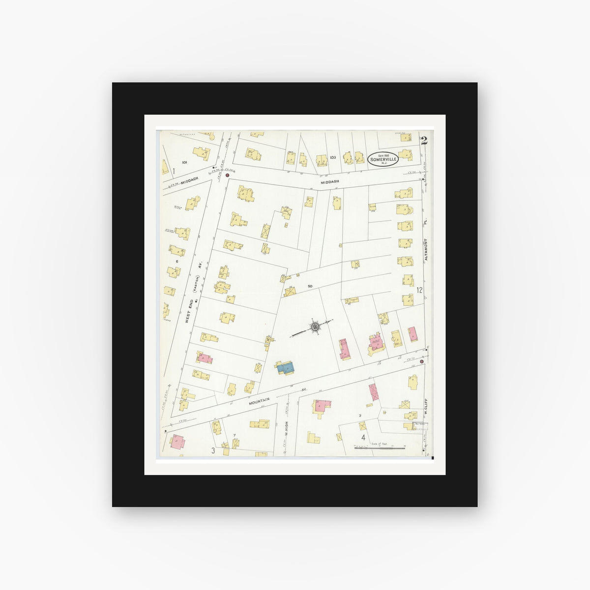 Old map wall art mockup — black gallery frame with white mat — Sanborn Fire Insurance Map from Somerville, Somerset County, New Jersey (1910), Sheet #0002