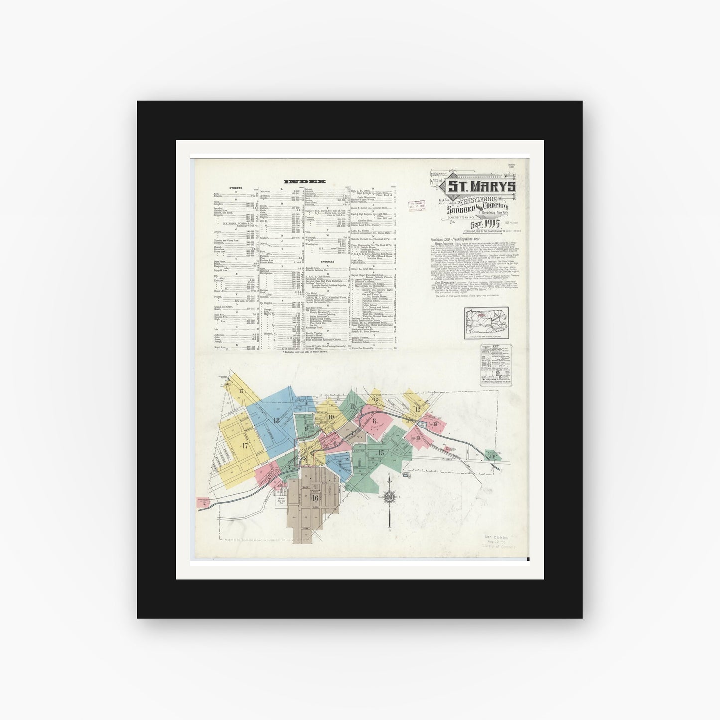 Old map wall art mockup — black gallery frame with white mat — Sanborn Fire Insurance Map from Saint Marys, Elk County, Pennsylvania (1915), Sheet #0001