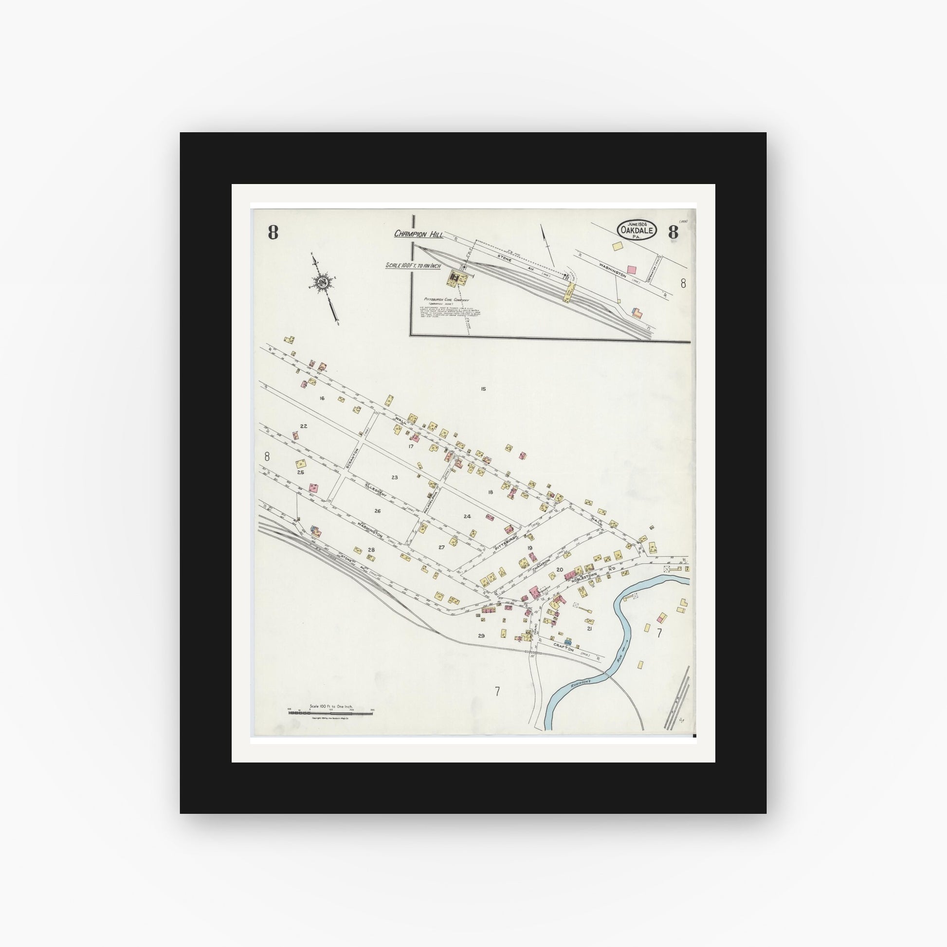 Old map wall art mockup — black gallery frame with white mat — Sanborn Fire Insurance Map from Oakdale, Allegheny County, Pennsylvania (1924), Sheet #0008