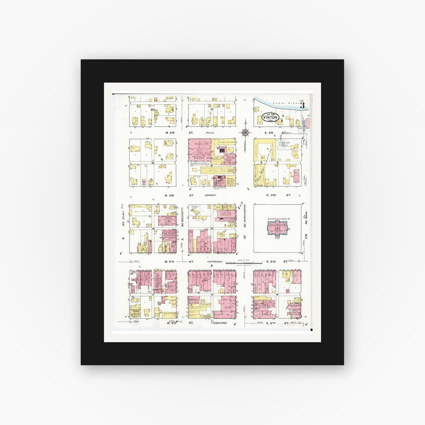 Old map wall art mockup — black gallery frame with white mat — Sanborn Fire Insurance Map from Vinton, Benton County, Iowa (1921), Sheet #0003