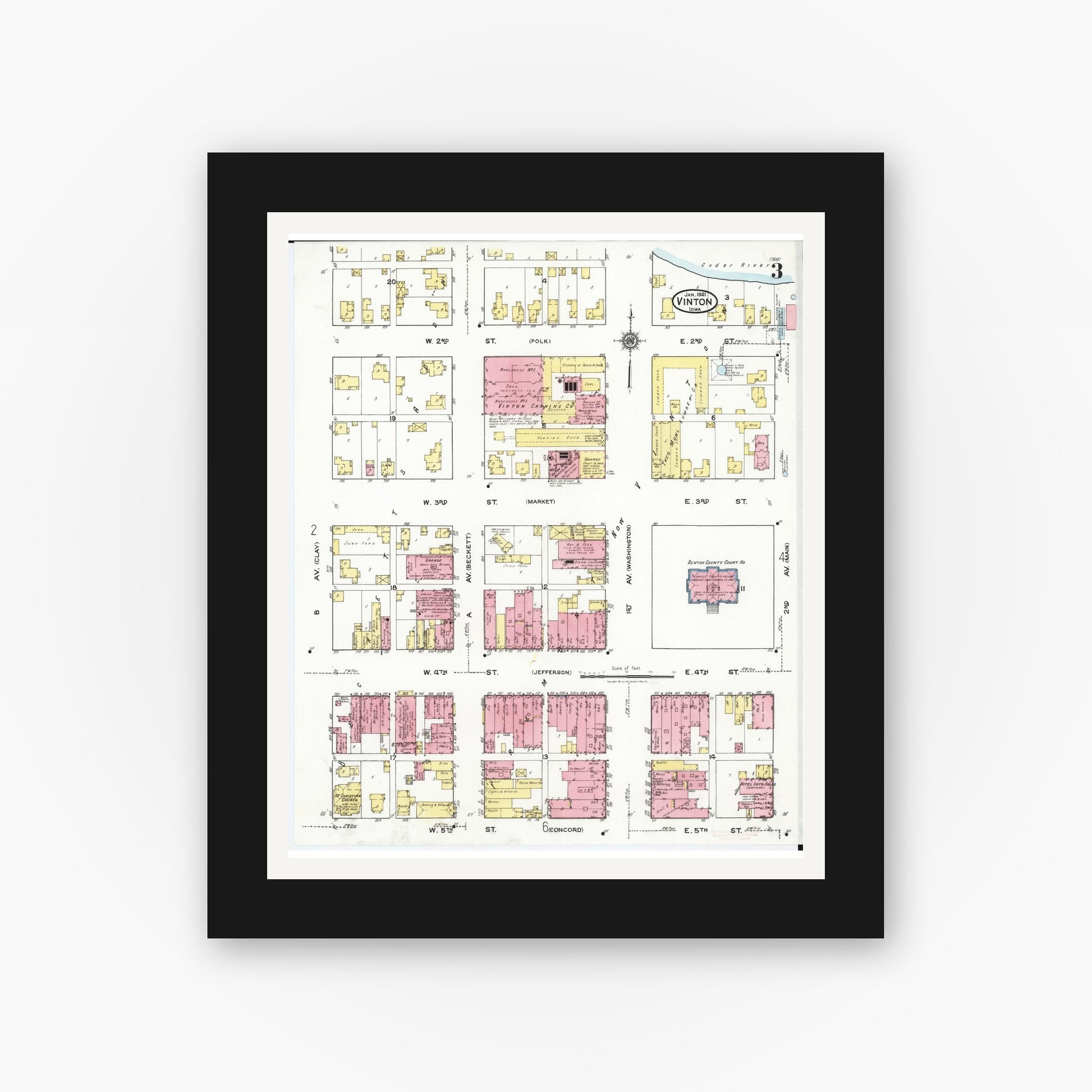 Old map wall art mockup — black gallery frame with white mat — Sanborn Fire Insurance Map from Vinton, Benton County, Iowa (1921), Sheet #0003
