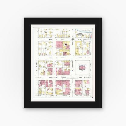 Old map wall art mockup — black gallery frame with white mat — Sanborn Fire Insurance Map from Vinton, Benton County, Iowa (1921), Sheet #0003