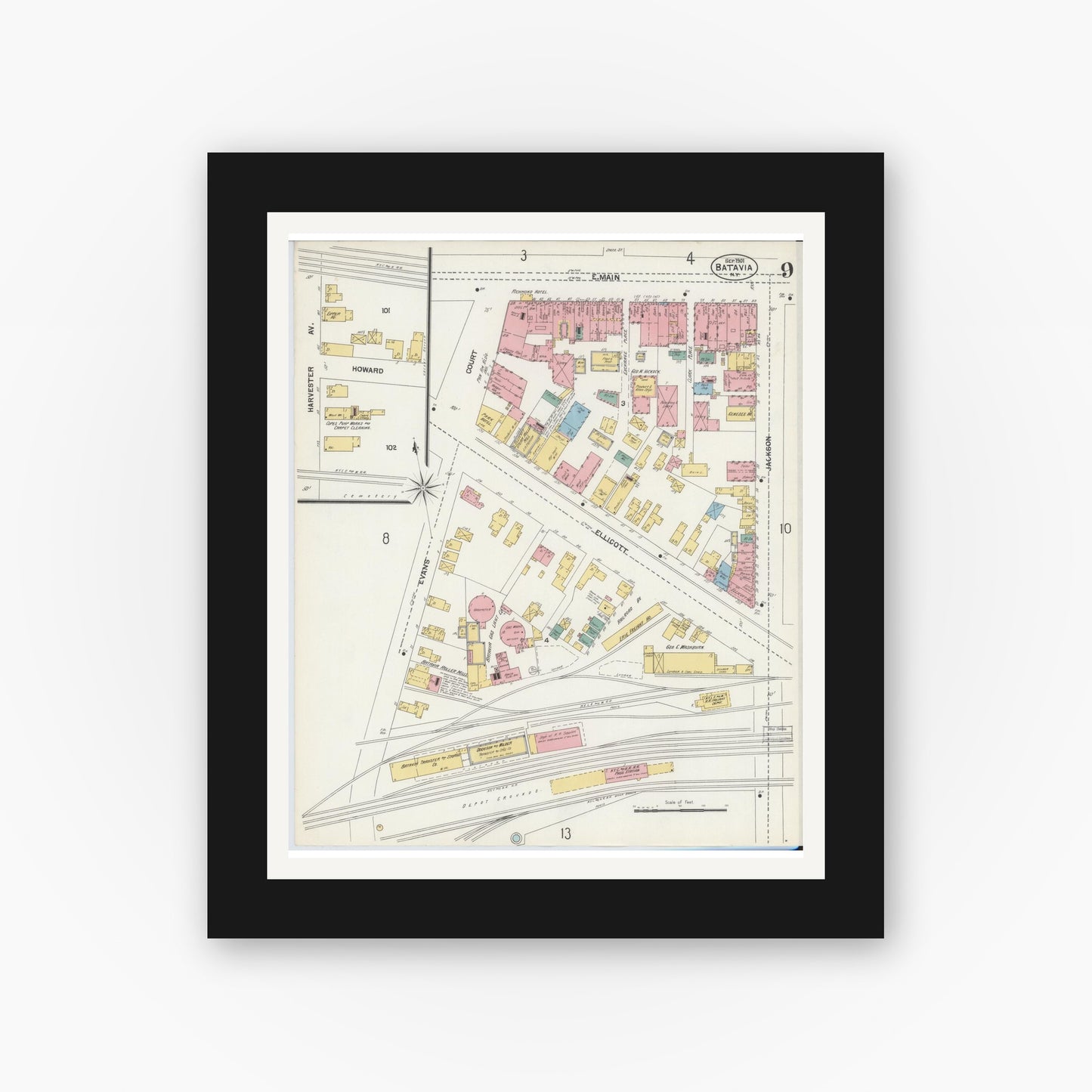 Old map wall art mockup — black gallery frame with white mat — Sanborn Fire Insurance Map from Batavia, Genesee County, New York (1901), Sheet #0009