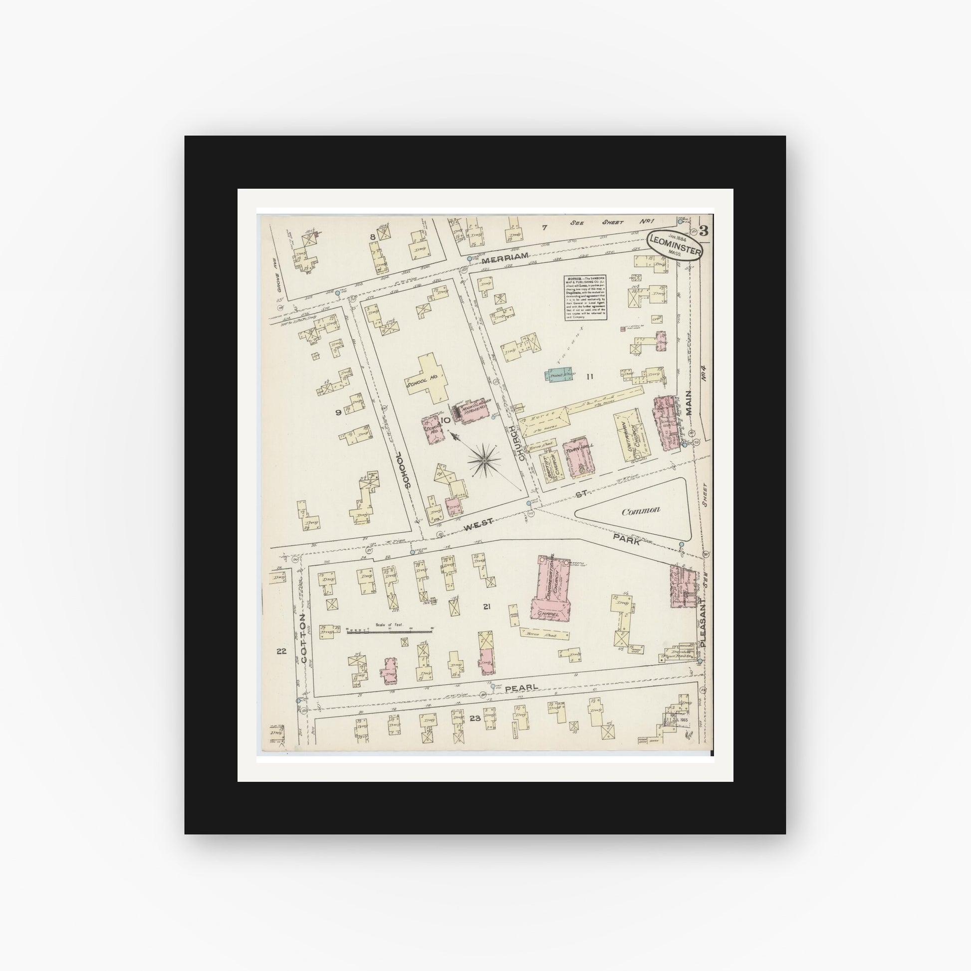 Old map wall art mockup — black gallery frame with white mat — Sanborn Fire Insurance Map from Leominster, Worcester County, Massachusetts (1884), Sheet #0003