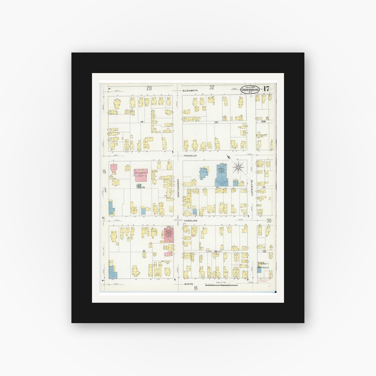 Old map wall art mockup — black gallery frame with white mat — Sanborn Fire Insurance Map from Ogdensburg, St. Lawrence County, New York (1909), Sheet #0017