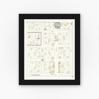 Old map wall art mockup — black gallery frame with white mat — Sanborn Fire Insurance Map from Nora Springs, Floyd County, Iowa (1896) â€” Complete Set