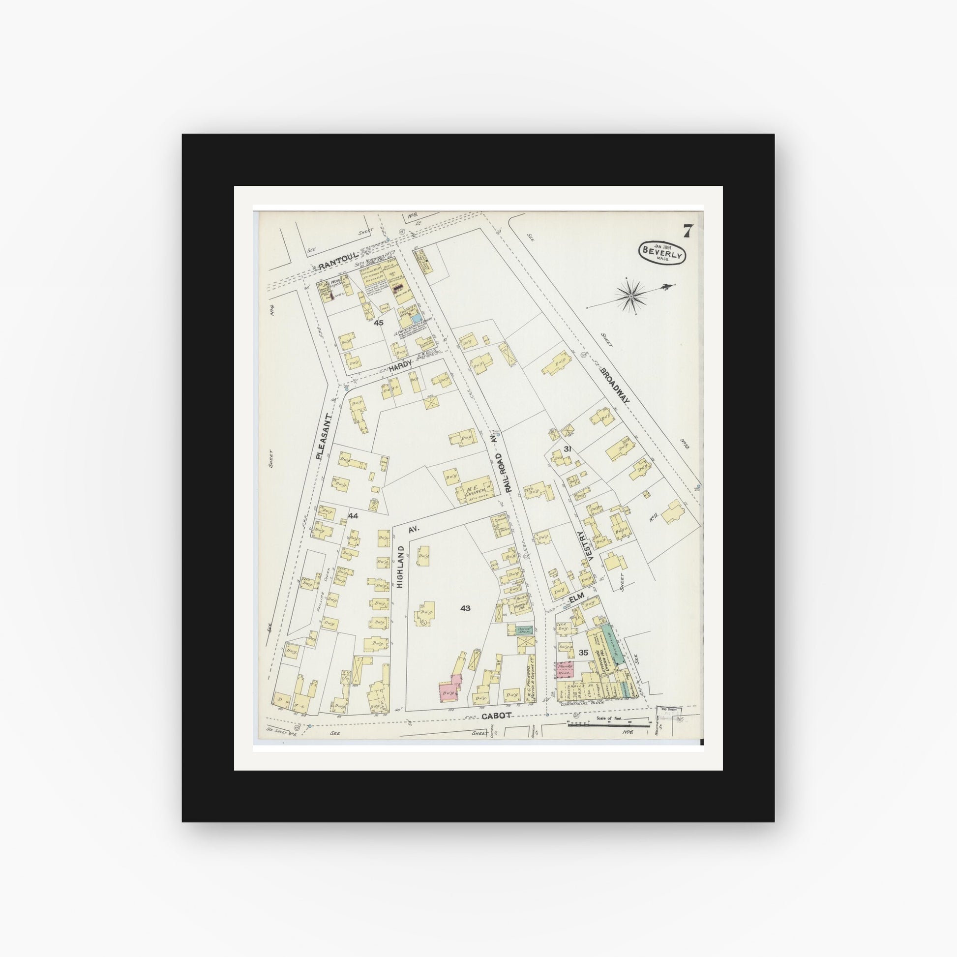 Old map wall art mockup — black gallery frame with white mat — Sanborn Fire Insurance Map from Beverly, Essex County, Massachusetts (1891), Sheet #0007