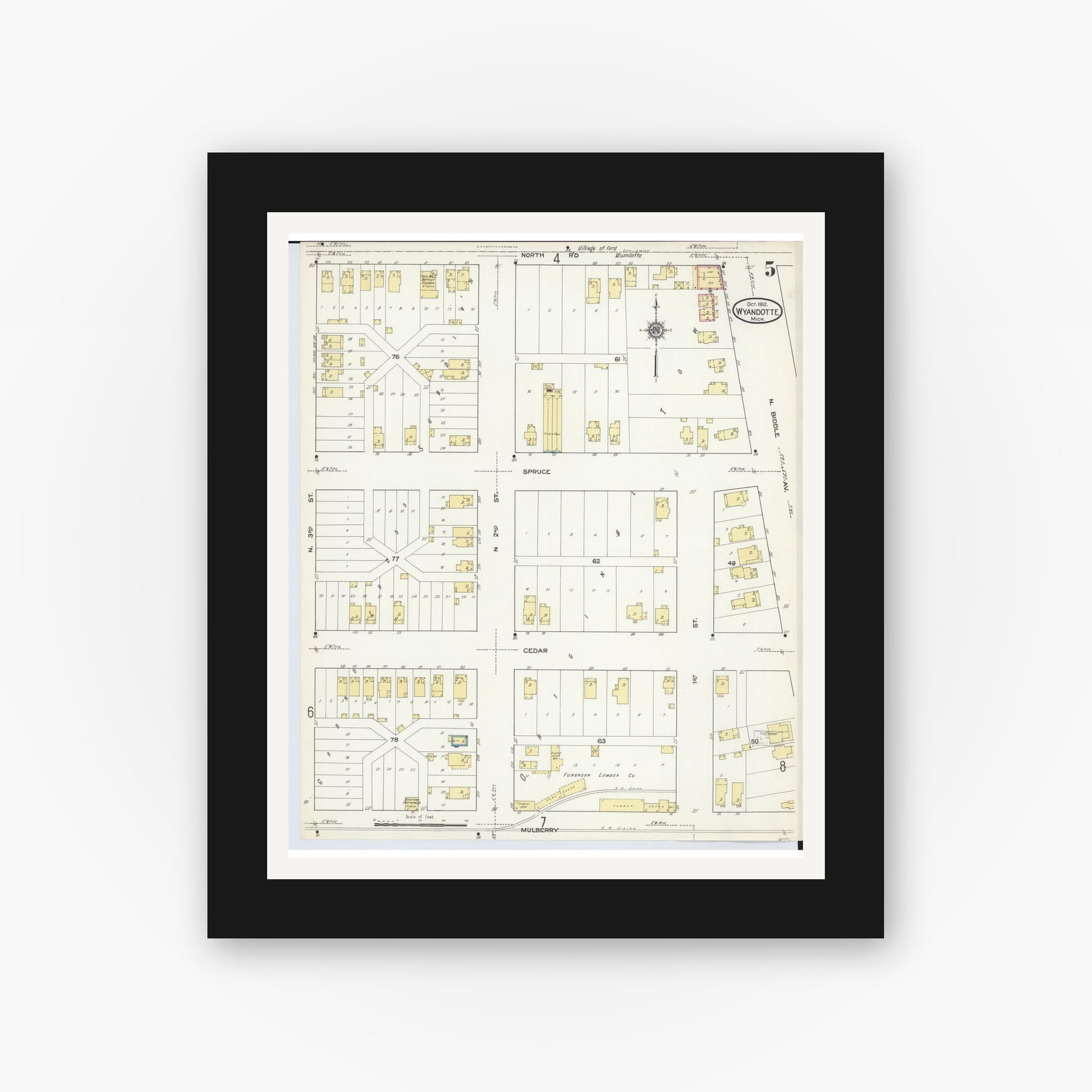 Old map wall art mockup — black gallery frame with white mat — Sanborn Fire Insurance Map from Wyandotte, Wayne County, Michigan (1912), Sheet #0005