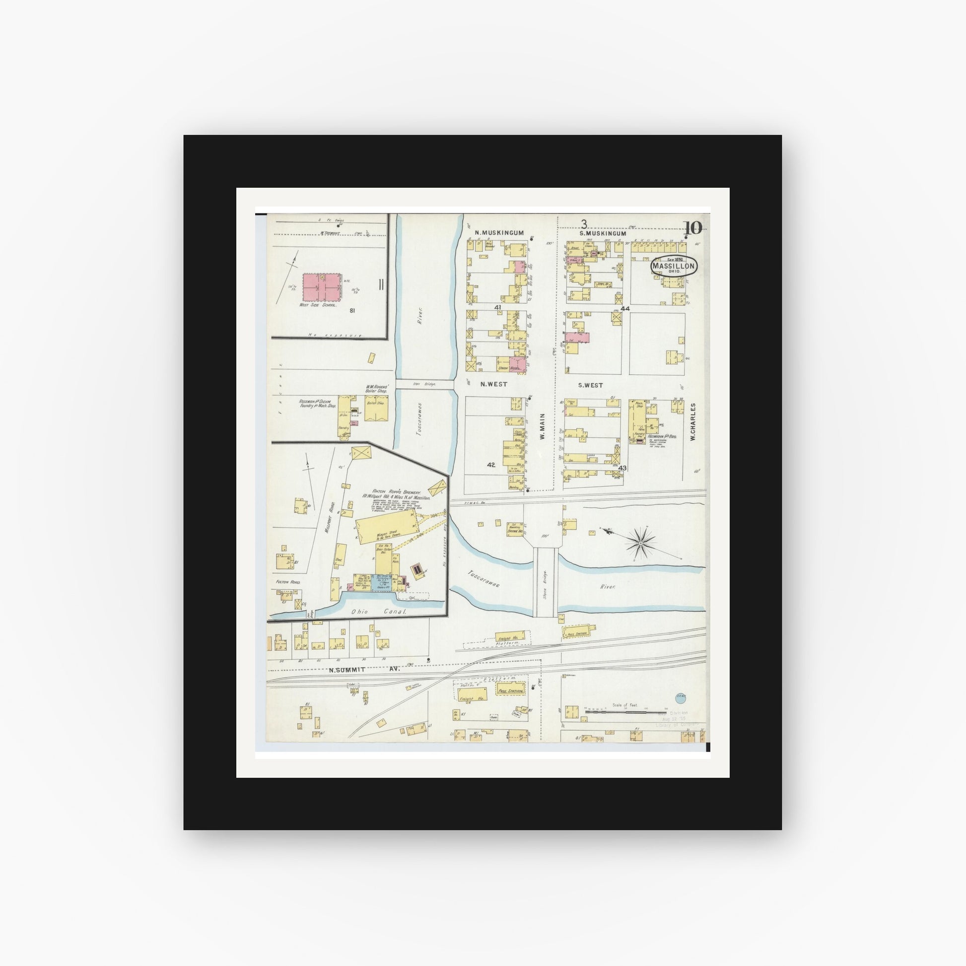 Old map wall art mockup — black gallery frame with white mat — Sanborn Fire Insurance Map from Massillon, Stark County, Ohio (1896), Sheet #0010