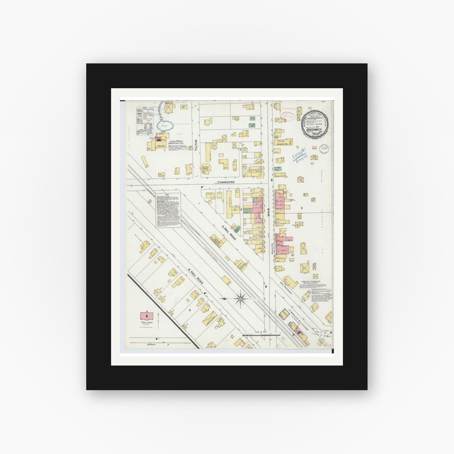 Old map wall art mockup — black gallery frame with white mat — Sanborn Fire Insurance Map from Greenwich, Huron County, Ohio (1899), Sheet #0001