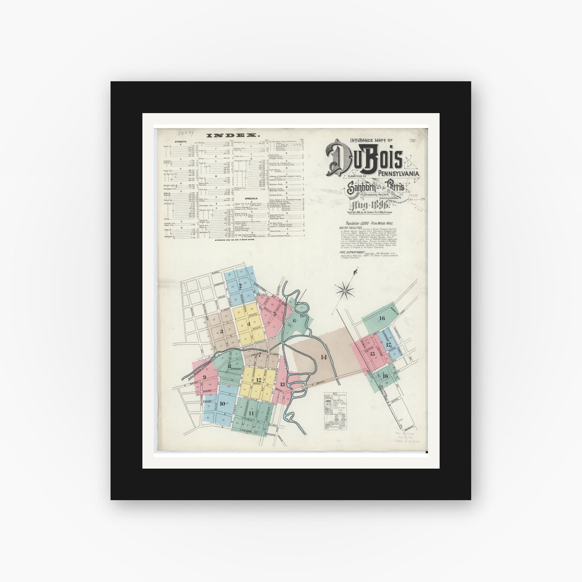 Old map wall art mockup — black gallery frame with white mat — Sanborn Fire Insurance Map from Du Bois, Clearfield County, Pennsylvania (1896) - Complete Map Set