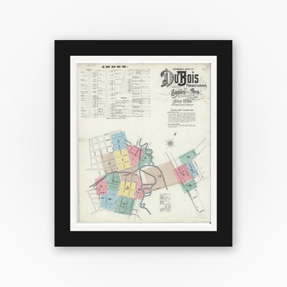 Old map wall art mockup — black gallery frame with white mat — Sanborn Fire Insurance Map from Du Bois, Clearfield County, Pennsylvania (1896) - Complete Map Set