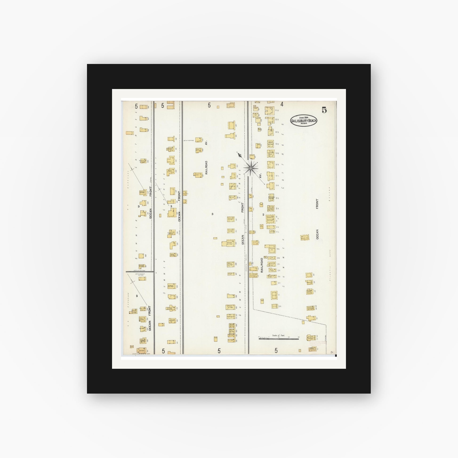 Old map wall art mockup — black gallery frame with white mat — Sanborn Fire Insurance Map from Salisbury, Essex County, Massachusetts (1904), Sheet #0005