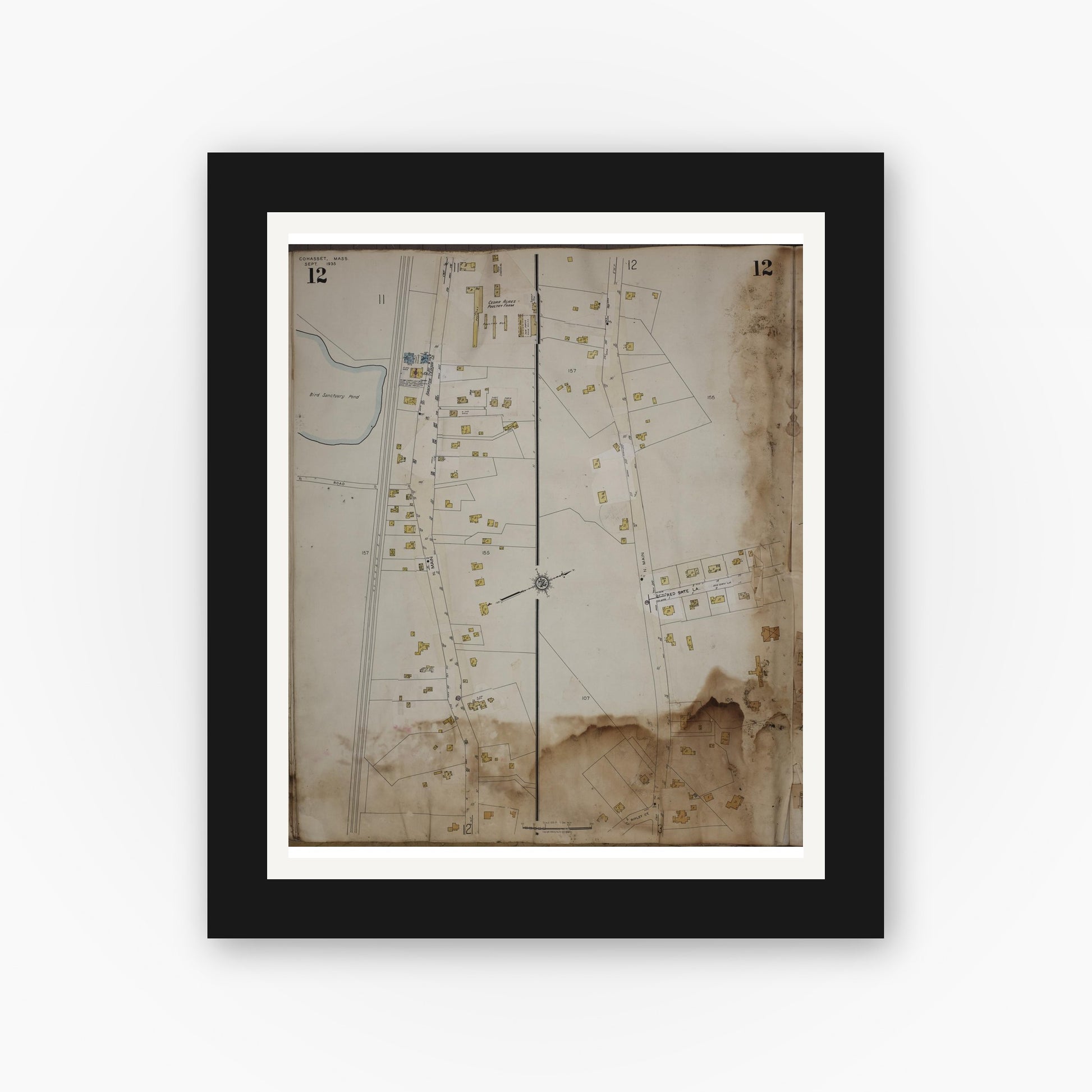 Old map wall art mockup — black gallery frame with white mat — Sanborn Fire Insurance Map from Cohasset, Norfolk County, Massachusetts (1963), Sheet #0012
