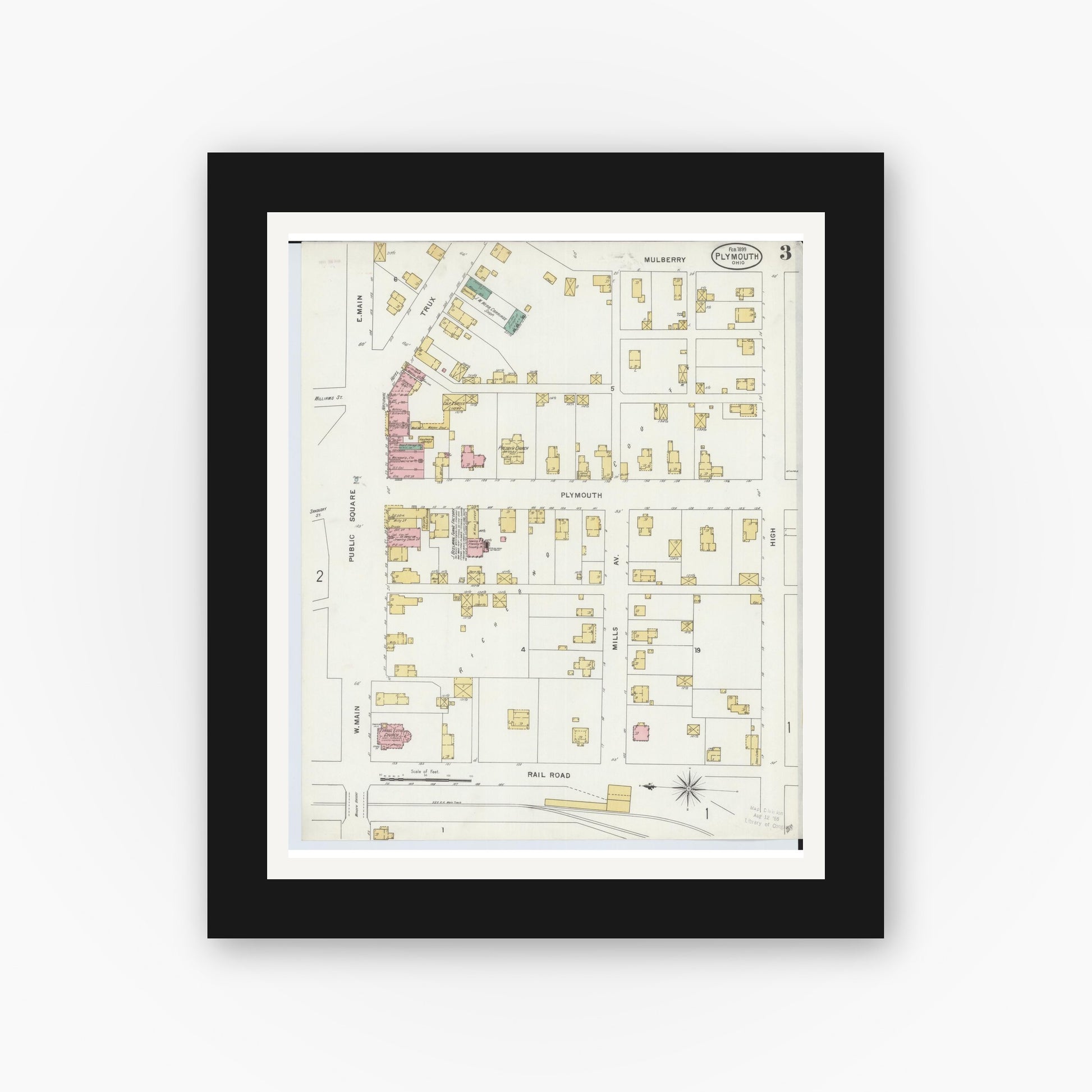 Old map wall art mockup — black gallery frame with white mat — Sanborn Fire Insurance Map from Plymouth, Huron And Richland Counties, Ohio (1899), Sheet #0003