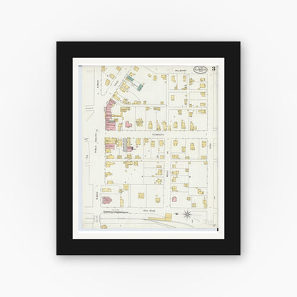 Old map wall art mockup — black gallery frame with white mat — Sanborn Fire Insurance Map from Plymouth, Huron And Richland Counties, Ohio (1899), Sheet #0003