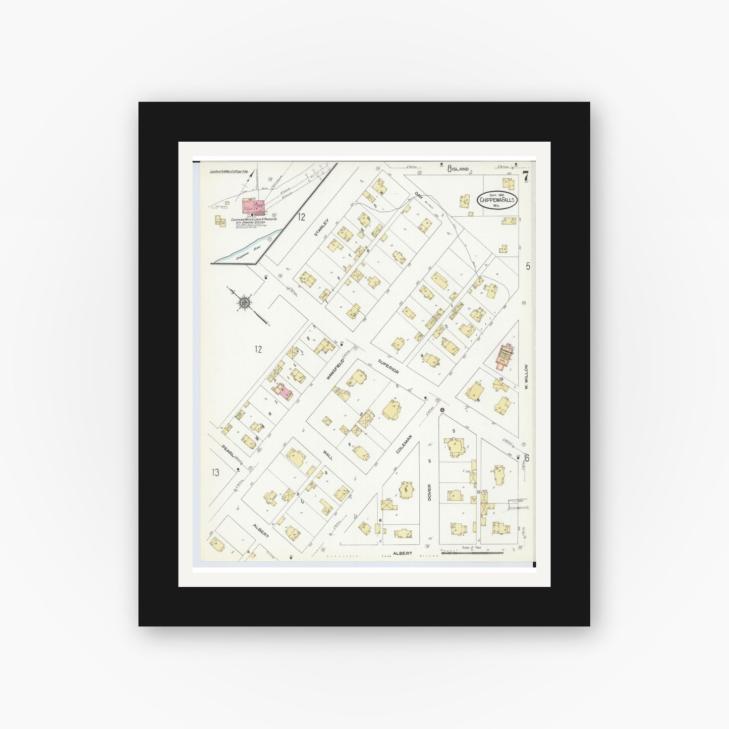 Old map wall art mockup — black gallery frame with white mat — Sanborn Fire Insurance Map from Chippewa Falls, Chippewa County, Wisconsin (1910), Sheet #0007