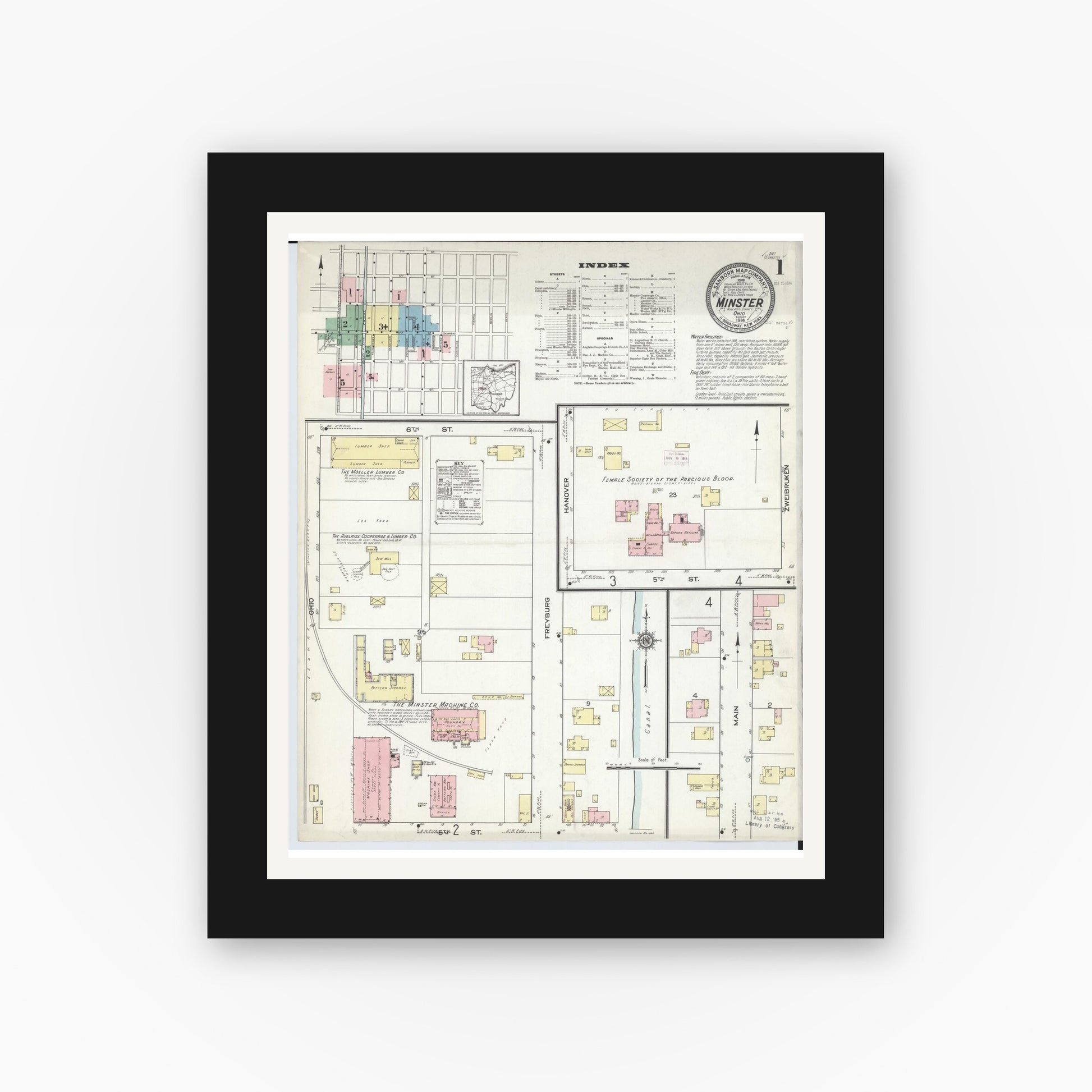Old map wall art mockup — black gallery frame with white mat — Sanborn Fire Insurance Map from Minster, Auglaize County, Ohio (1914), Sheet #0001