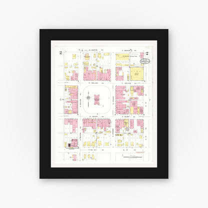 Old map wall art mockup — black gallery frame with white mat — Sanborn Fire Insurance Map from Indianola, Warren County, Iowa (1918), Sheet #0002