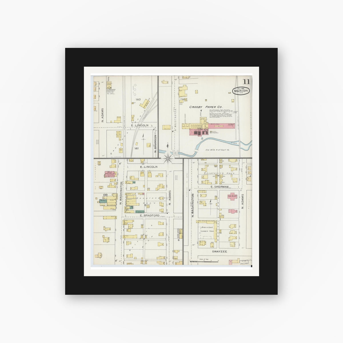 Old map wall art mockup — black gallery frame with white mat — Sanborn Fire Insurance Map from Marion, Grant County, Indiana (1893), Sheet #0011
