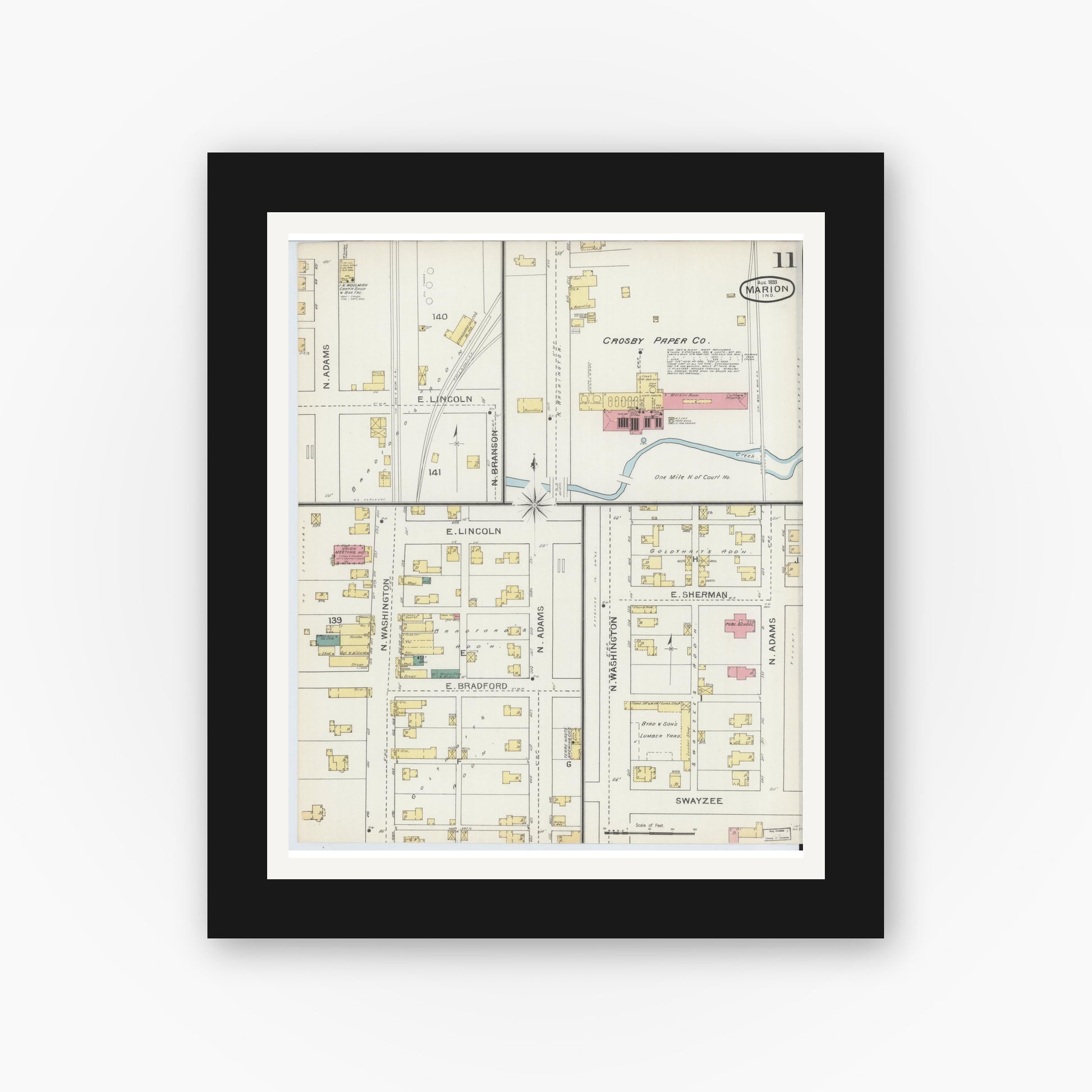 Old map wall art mockup — black gallery frame with white mat — Sanborn Fire Insurance Map from Marion, Grant County, Indiana (1893), Sheet #0011