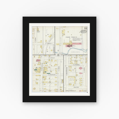 Old map wall art mockup — black gallery frame with white mat — Sanborn Fire Insurance Map from Marion, Grant County, Indiana (1893), Sheet #0011