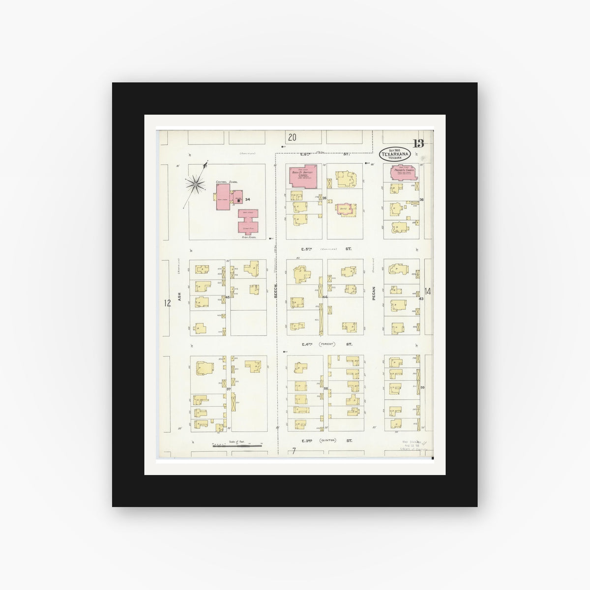 Old map wall art mockup — black gallery frame with white mat — Sanborn Fire Insurance Map from Texarkana, Bowie County, Texas (1905), Sheet #0013