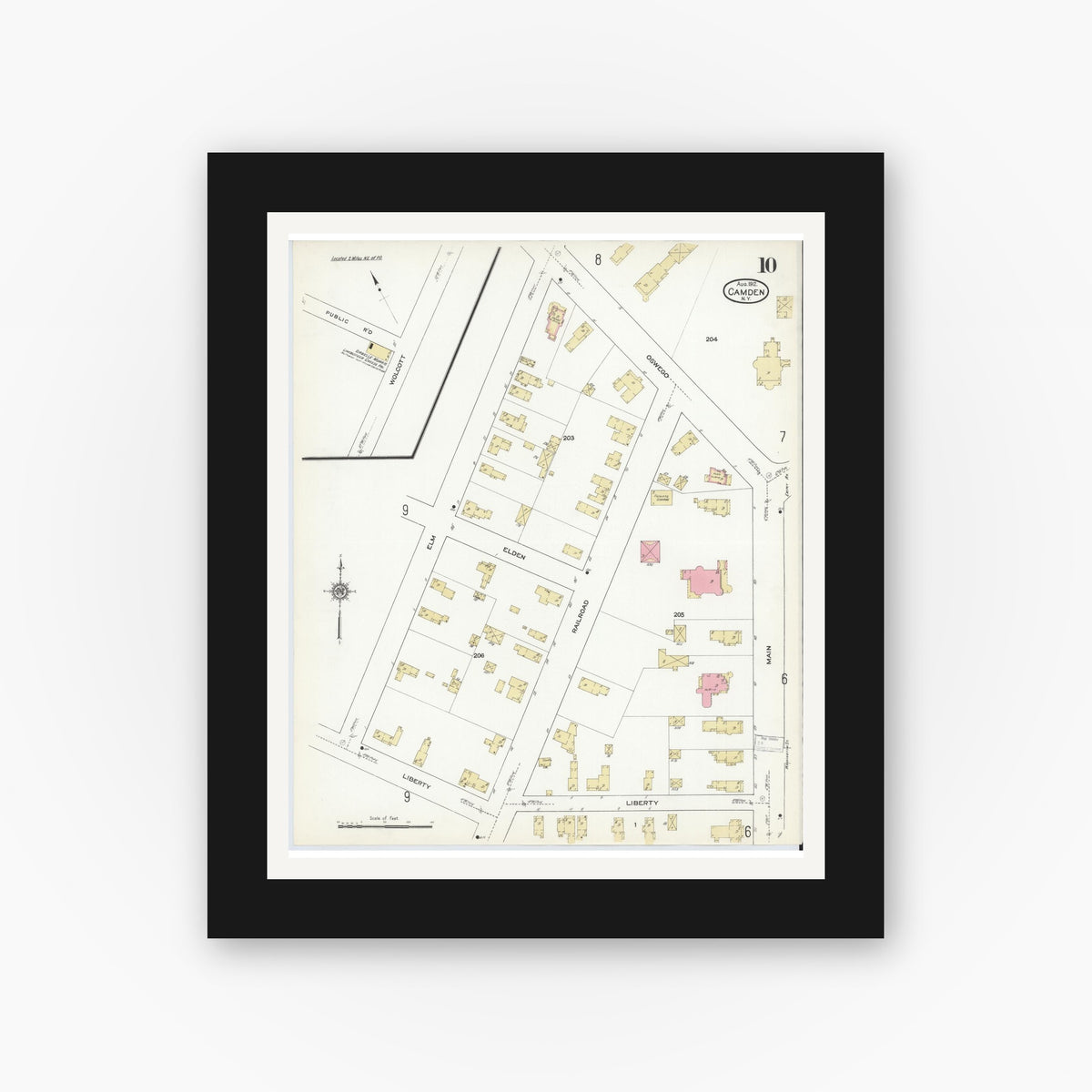 Old map wall art mockup — black gallery frame with white mat — Sanborn Fire Insurance Map from Camden, Oneida County, New York (1912), Sheet #0010