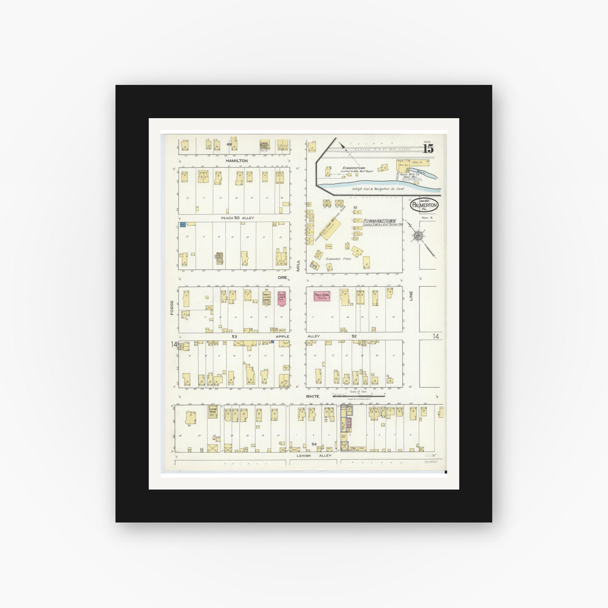 Old map wall art mockup — black gallery frame with white mat — Sanborn Fire Insurance Map from Palmerton, Carbon County, Pennsylvania (1921), Sheet #0015