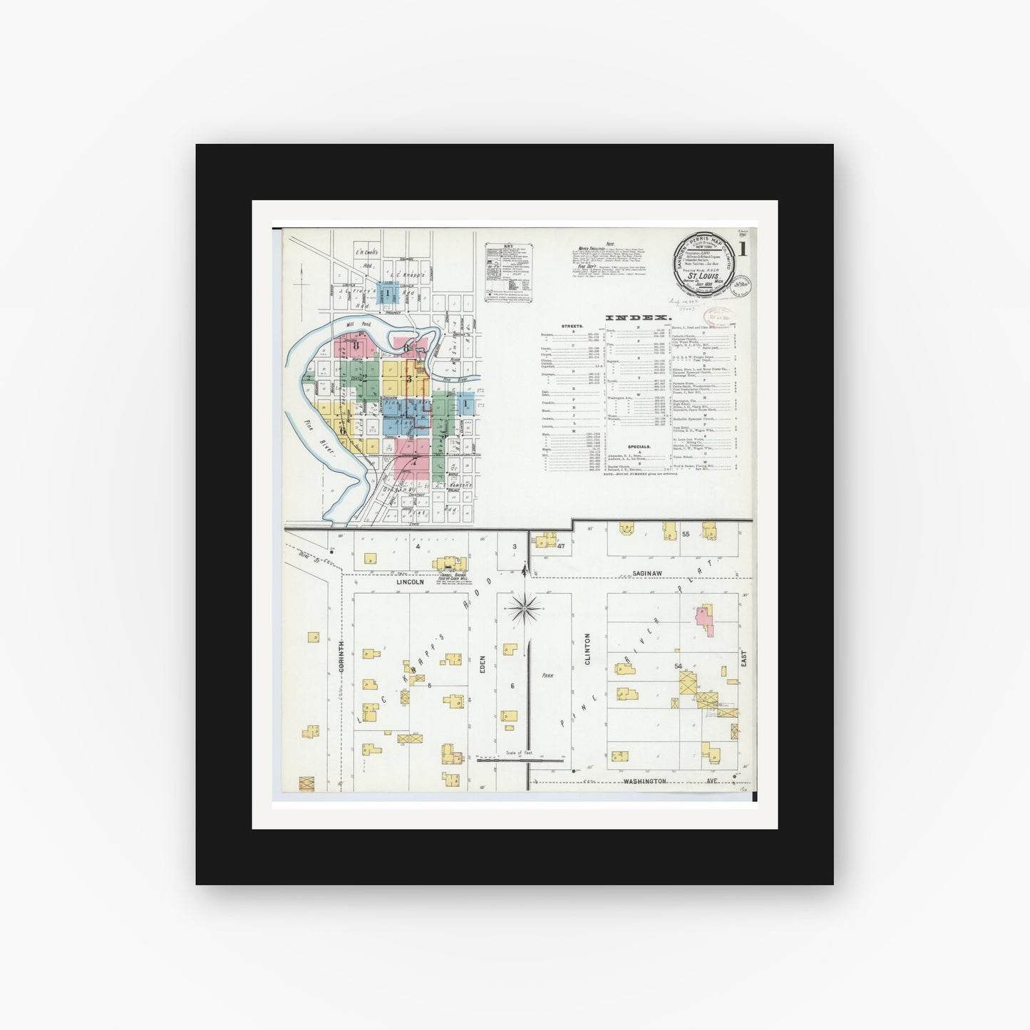 Old map wall art mockup — black gallery frame with white mat — Sanborn Fire Insurance Map from Saint Louis, Gratiot County, Michigan (1899) - Complete Map Set