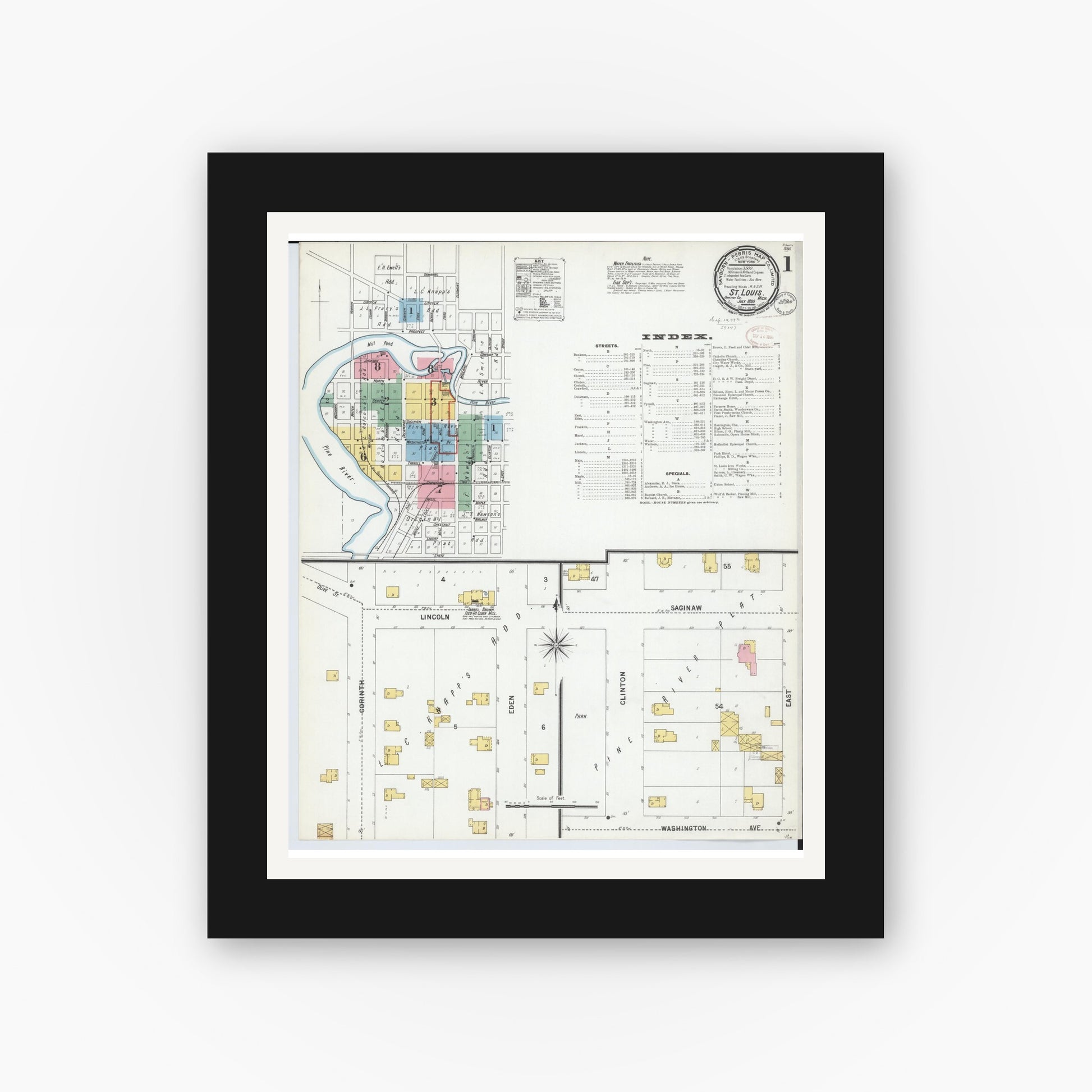 Old map wall art mockup — black gallery frame with white mat — Sanborn Fire Insurance Map from Saint Louis, Gratiot County, Michigan (1899) - Complete Map Set