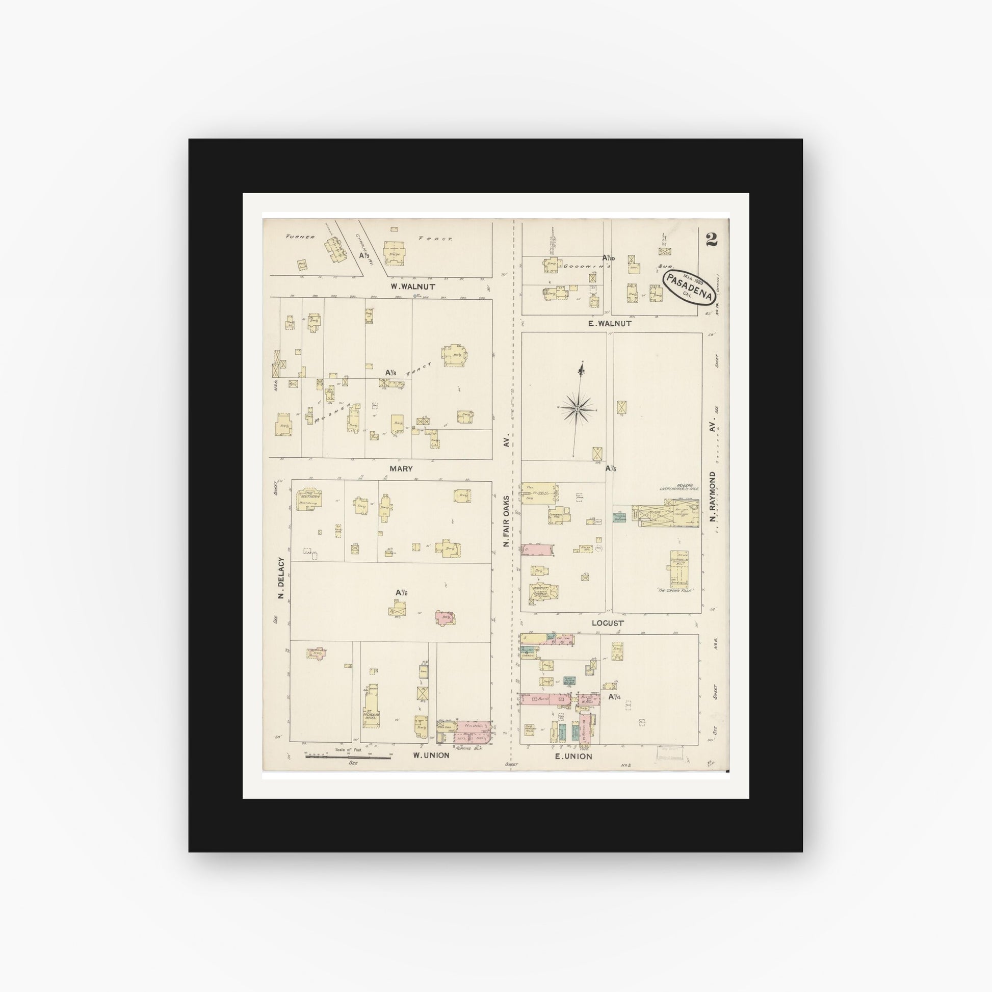 Old map wall art mockup — black gallery frame with white mat — Sanborn Fire Insurance Map from Pasadena, Los Angeles County, California (1889) - Complete Map Set