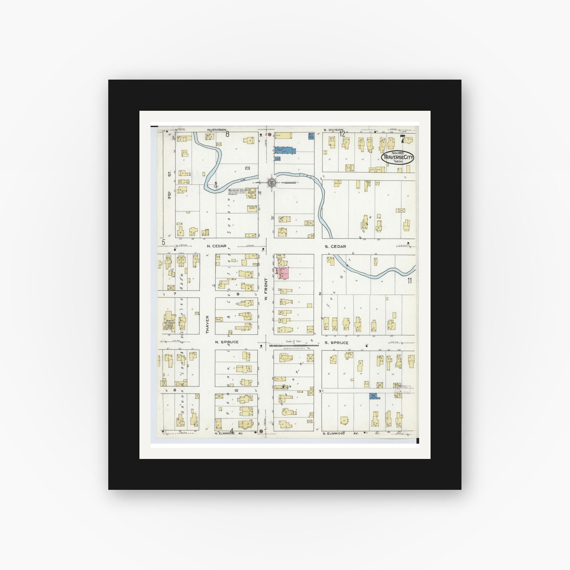 Old map wall art mockup — black gallery frame with white mat — Sanborn Fire Insurance Map from Traverse City, Grand Traverse County, Michigan (1920), Sheet #0007