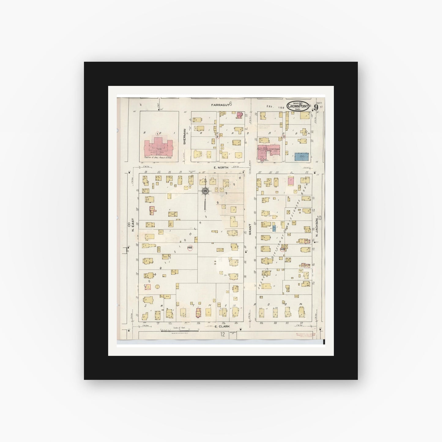 Old map wall art mockup — black gallery frame with white mat — Sanborn Fire Insurance Map from Crown Point, Lake County, Indiana (1948), Sheet #0009