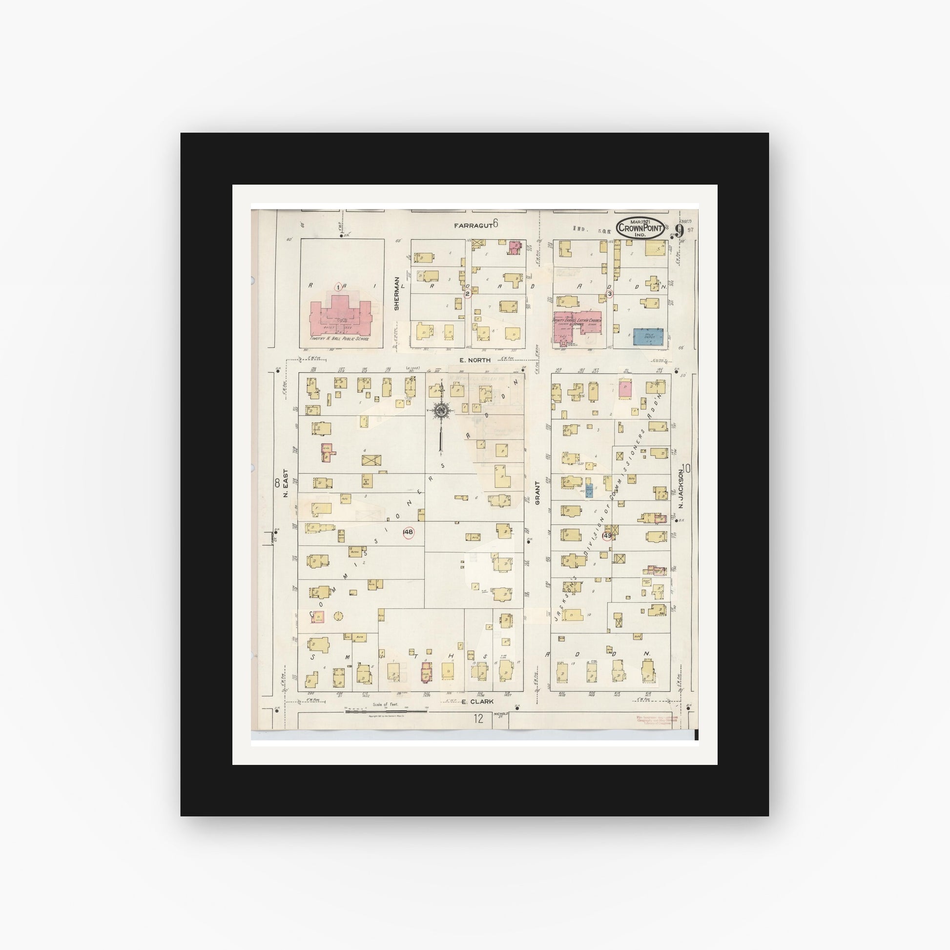 Old map wall art mockup — black gallery frame with white mat — Sanborn Fire Insurance Map from Crown Point, Lake County, Indiana (1948), Sheet #0009