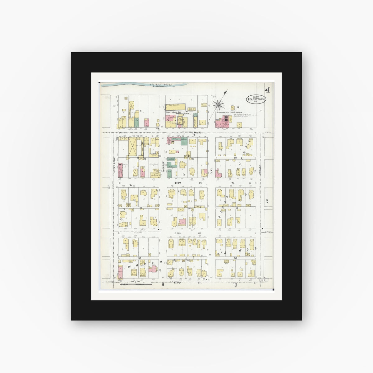 Old map wall art mockup — black gallery frame with white mat — Sanborn Fire Insurance Map from Beardstown, Cass County, Illinois (1906), Sheet #0004