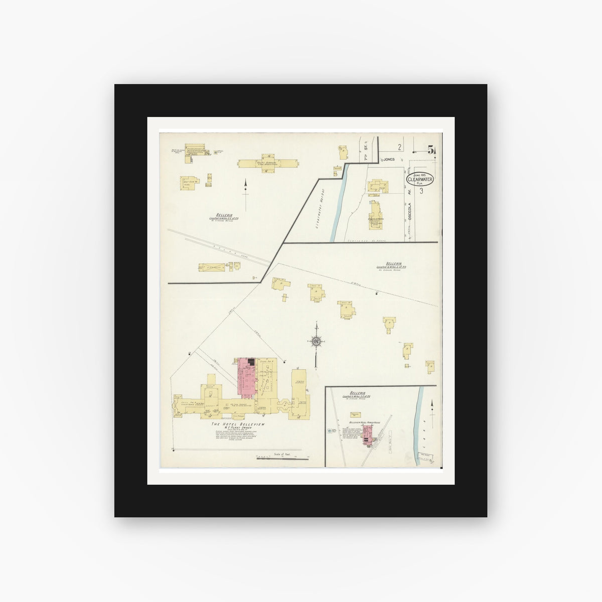 Old map wall art mockup — black gallery frame with white mat — Sanborn Fire Insurance Map from Clearwater, Pinellas County, Florida (1913), Sheet #0005