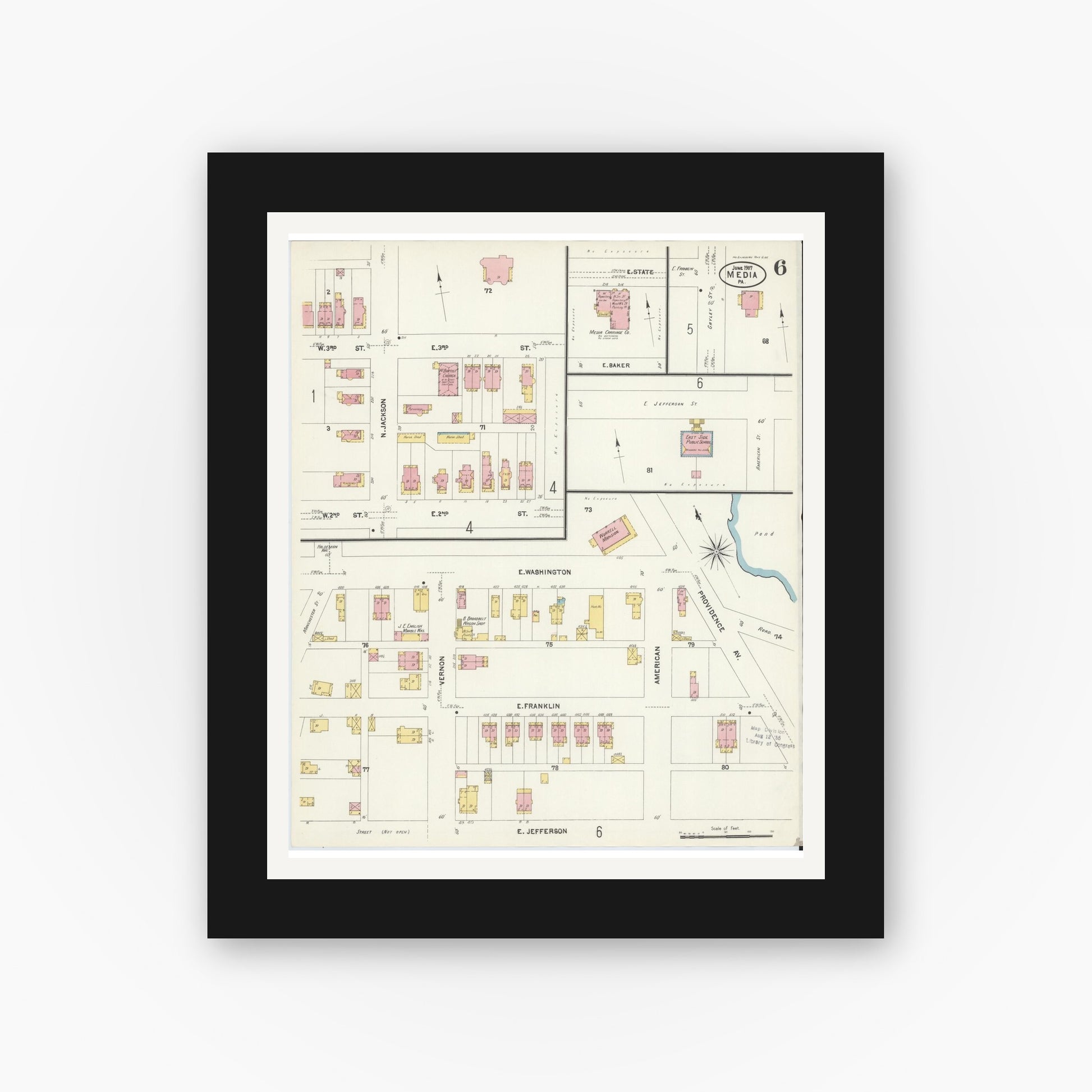 Old map wall art mockup — black gallery frame with white mat — Sanborn Fire Insurance Map from Media, Delaware County, Pennsylvania (1907), Sheet #0006